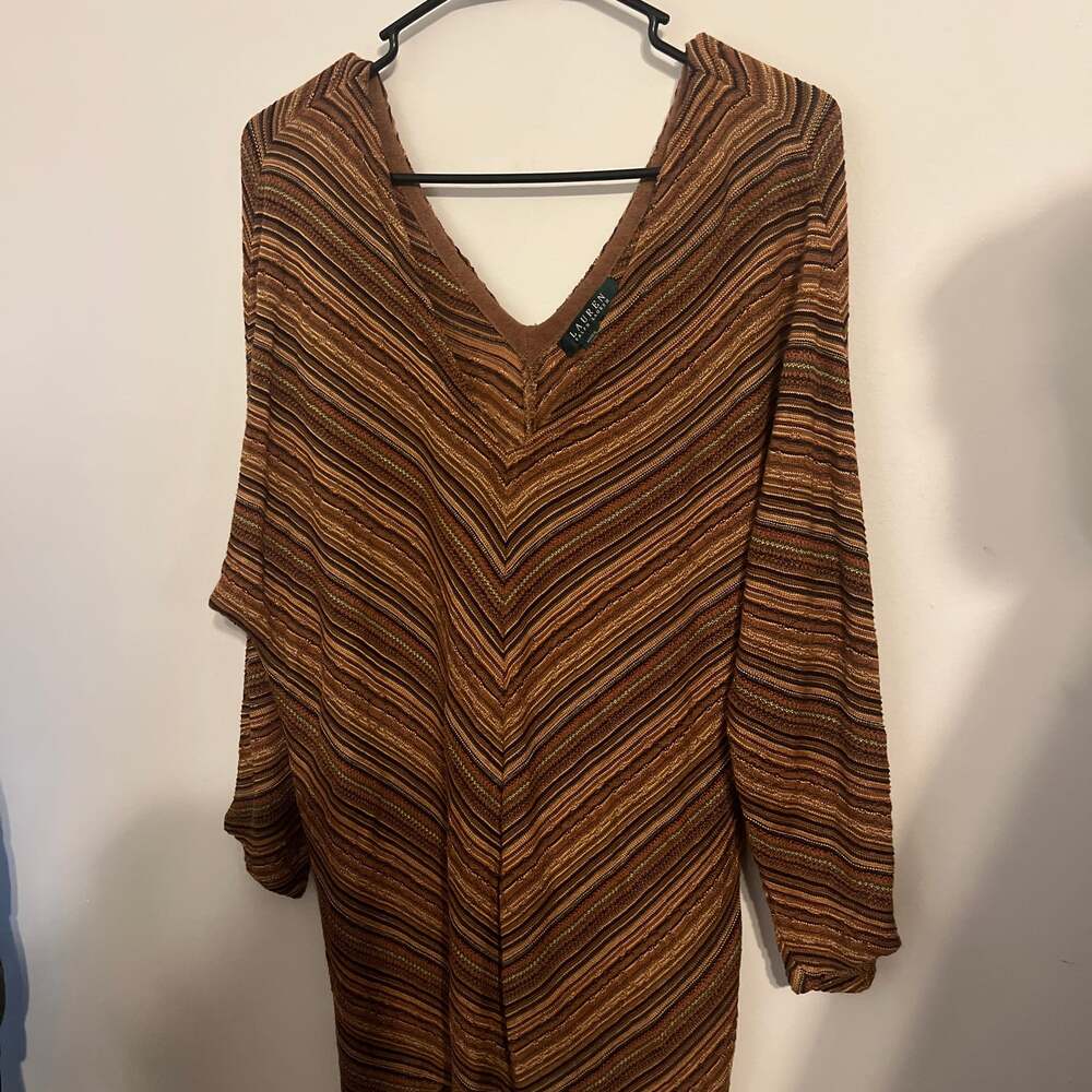 Lauren Ralph Lauren Linen Silk Chevron Stripe V-Neck Knit Tunic Top